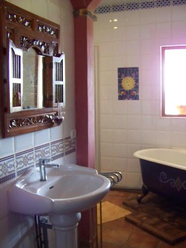 Maison d'artiste في Sainte-Colombe-en-Bruilhois: حمام مع مغسلة وحوض استحمام