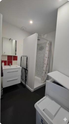 a white bathroom with a sink and a toilet at Gîte les Herbiers in Les Herbiers