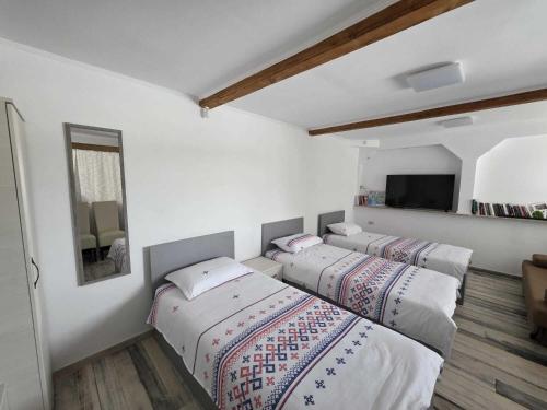 una fila di tre letti in una stanza di Cabana OAZA AMURG a Runcu