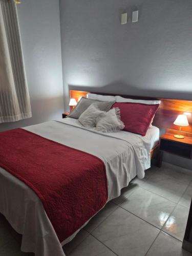 een slaapkamer met een groot bed met rode en witte kussens bij CASA 97 completa! Horário Flexível! in Santa Teresa