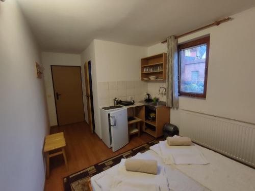 a small kitchen with two beds in a room at Ubytovanie Erika in Vitanová