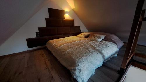 a bedroom with a bed with two people on it at Wilczy Domek nad Witką in Wilka