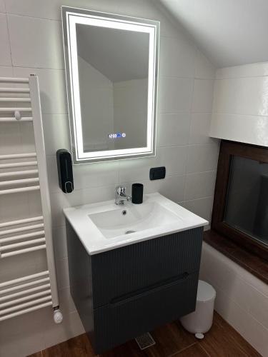 a bathroom with a sink and a mirror at Sky Borsa in Statjunea Borsa