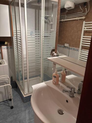 a bathroom with a sink and a shower at Résidence MAYA in Saint-Lary-Soulan