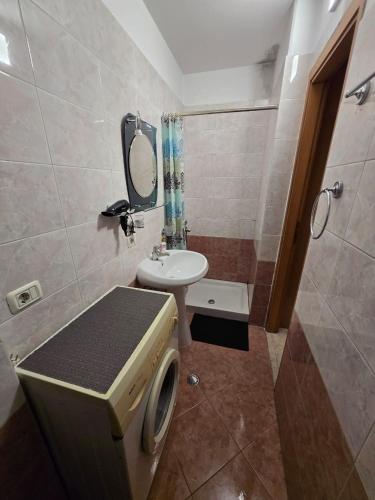a bathroom with a sink and a washing machine at City Center Piazza Studio in Tirana