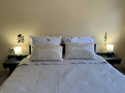 a bed with two pillows and two lamps on tables at Пътепис in Bratsigovo