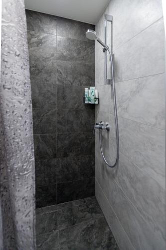 a shower in a bathroom with a glass door at Cozy Duo Loft Studio in Tartu