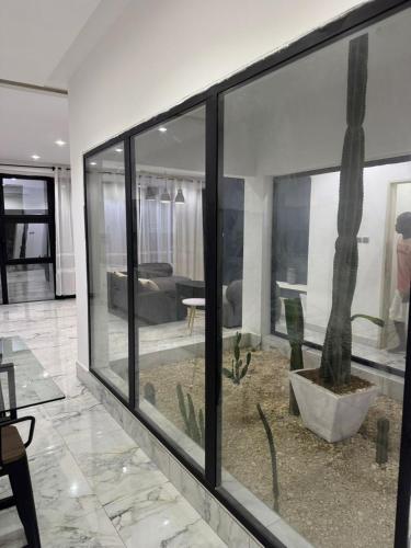 un soggiorno con una grande finestra con un albero al suo interno di Villa Blanche a Cotonou