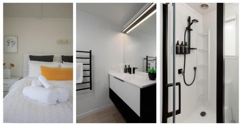 two pictures of a bathroom with a bed and a shower at Spacious, Breezy Studio Apartment, Moments from Downtown and Beach in Mount Maunganui