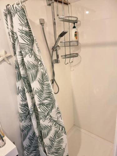 a shower curtain with a plant pattern on a wall at Sun Republik Studio in Whitianga