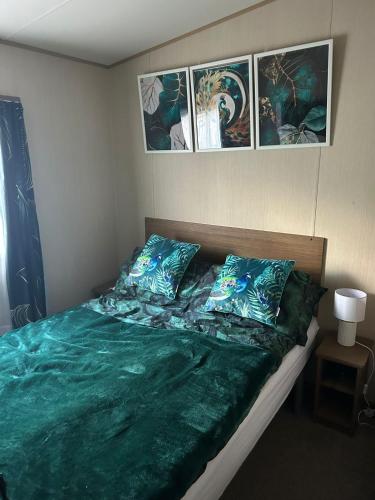 a bedroom with a bed with green sheets and pillows at BZ Green Haven Caravan in Ballantrae