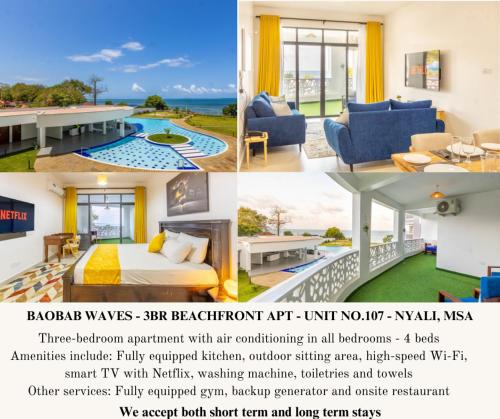 a collage of photos of a room with a bed and a pool at Elna's Baobab Waves - 2BR and 3BR Beachfront Nyali in Mombasa