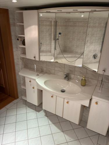 een witte badkamer met een wastafel en een spiegel bij Ferienwohnung Flohblick in Floh