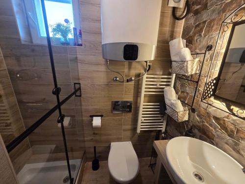 a bathroom with a white toilet and a sink at Studio Apartman Lipik in Lipik