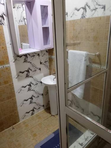 een badkamer met een douche en een wastafel bij Casamia in Egba