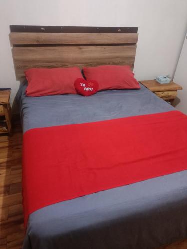 a bed with two red pillows and a red pillow at MyE in Frutillar