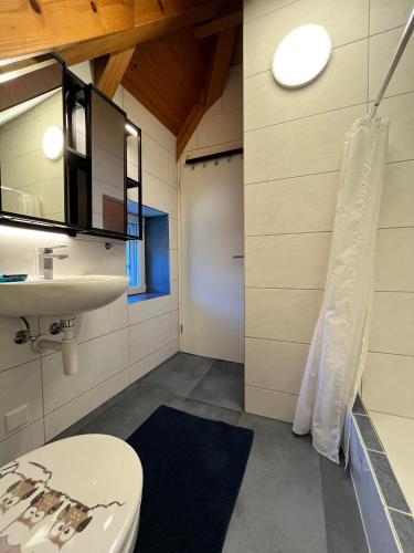 a bathroom with a toilet and a sink at Avenue 15 Boudry Suites and Studio in Boudry