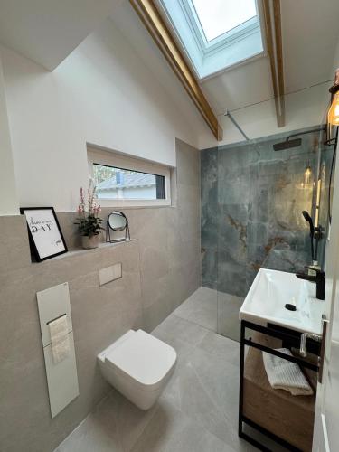 ein Badezimmer mit Toilette und Waschbecken in der Unterkunft Dat Seehuus in Rheinsberg