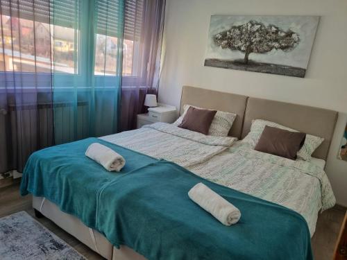 a bedroom with two beds with pillows on them at Apartman Lipik in Lipik