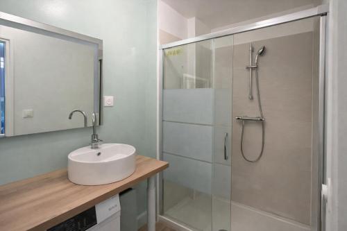 een badkamer met een wastafel en een douche bij 4 personnes - Proche Centrex et Disneyland in Noisy-le-Grand