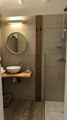 een badkamer met een wastafel en een spiegel bij hotel la Métisse in Saint-François