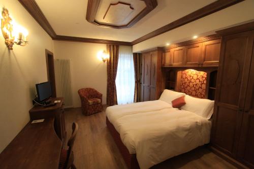 a hotel room with a bed and a television at Dolasilla Park Hotel in Vigo di Fassa