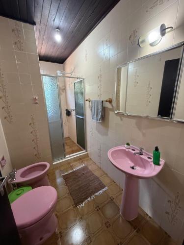 bagno con lavandino rosa e doccia di Prudêncio Casas de Temporada a Torres