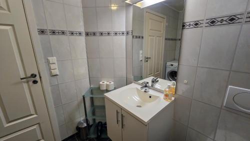 een witte badkamer met een wastafel en een spiegel bij Arctic Wonderland in Senja