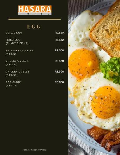een pagina van een menukaart met eieren en toast bij Ocean View Condos in Galle