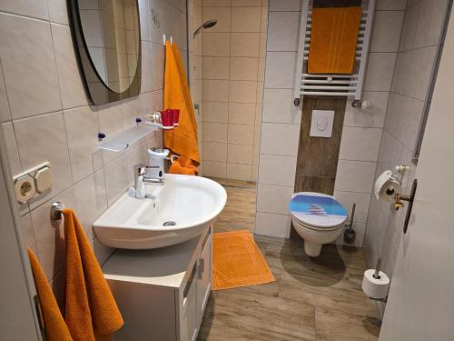 een badkamer met een wastafel en een toilet bij Schloßblick in Ramingstein