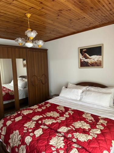 a bedroom with a bed with a red comforter at Sweet home Leskovik in Leskovik