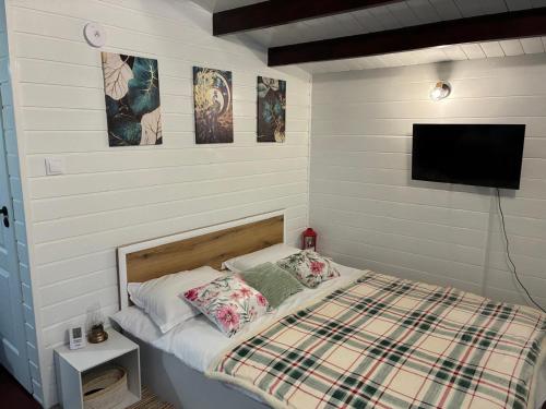 een slaapkamer met een bed en een flatscreen-tv bij Mika Tiny House in Daia