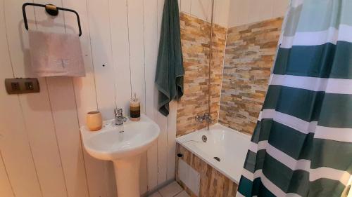 un bagno con lavandino e doccia di Cabañas Magaly Calcurrupe a Ranco