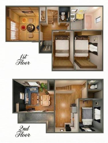 two pictures of a tiny house with a floor plan at NOT A HOME亀有 駅徒歩5分 無料駐車場 ディズニーまで車22分 羽田空行バス直通 90m2 in Tokyo