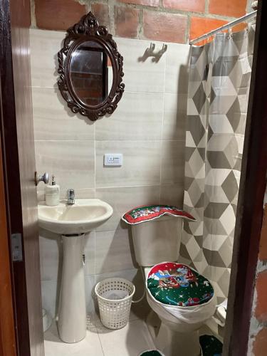 a bathroom with a sink and a toilet and a mirror at The Magical Garden in Cali