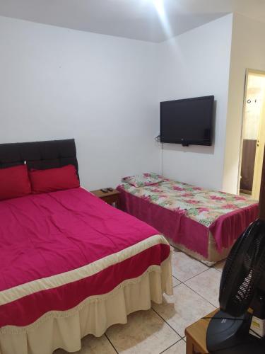 een slaapkamer met twee bedden en een flatscreen-tv bij Suíte brisa do litoral in Arraial do Cabo