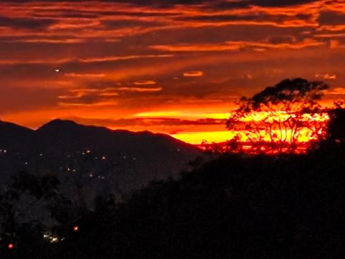 een zonsondergang in de bergen met een boom op de voorgrond bij Hotel Mirador Mayday Mountain View in Alajuela