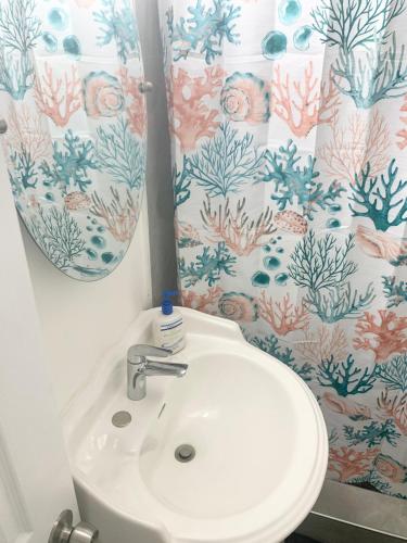 a bathroom with a sink and a shower curtain at Peace and Quiet Dorm Rooms - Free Breakfast DIY Waffles - Free Dinner - Free Coffee - Longterm Ok! in Miami