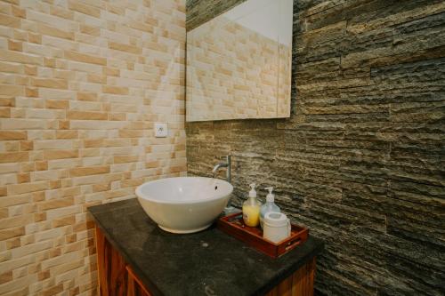 een badkamer met een wastafel en een bakstenen muur bij Red island villas in Banyuwangi