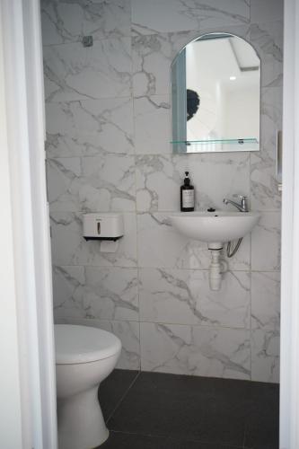 a bathroom with a sink and a toilet and a mirror at Pilla Villa Purwokerto in Purwokerto