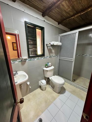 a bathroom with a toilet and a sink and a shower at Posada de Aquilino MC in Cucunubá