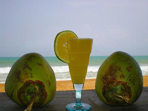 two coconuts and a glass of orange juice on the beach at Hotel Village Vacances Awale Plage in Grand-Popo