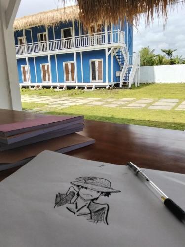 a drawing of a person with a house in the background at The houmstay pangsing in Mataram