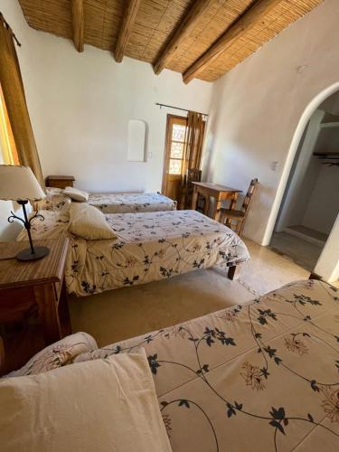 a bedroom with three beds and a table with a lamp at Capec Alojamiento in Tilcara