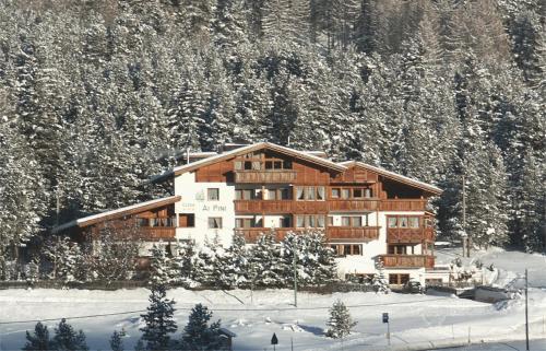 a large wooden building in the snow with trees at Hotel Ciasa Ai Pini in San Cassiano