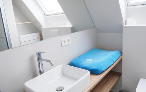 W łazience znajduje się umywalka i lustro. w obiekcie Vakantiehuis Hof te Voorde w mieście Deerlijk