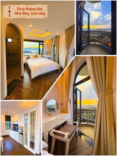 a collage of three pictures of a hotel room at Gold Villa in Trai Mat