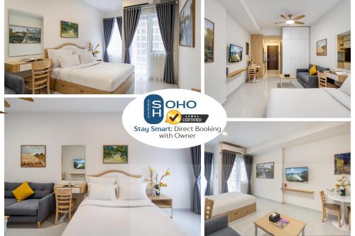 a collage of two pictures of a hotel room at SAIGON HOMEY - SOHO RESIDENCE - Official Comfort in the Heart of District 1 in Ho Chi Minh City