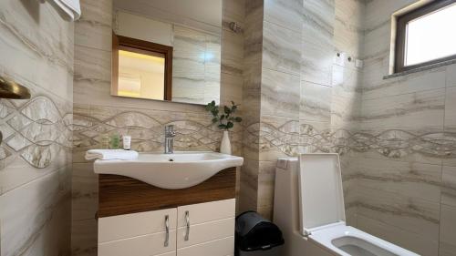 a bathroom with a sink and a mirror at Golden Gate Hotel Hawassa in Āwasa