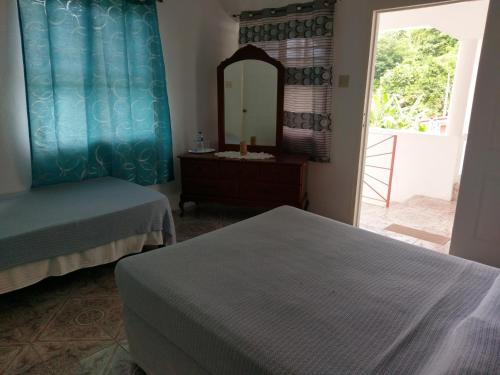 a bedroom with two beds and a mirror and a door at Polish Princess Guest House in Port Antonio